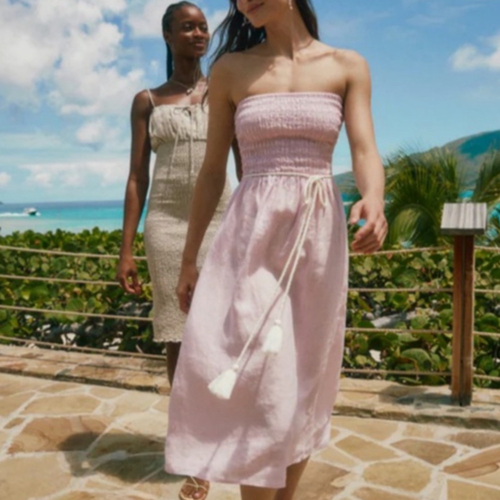 J.Crew Strapless Smocked 100% Linen Dress in Frosted Lavender (Pink) Size: 3X